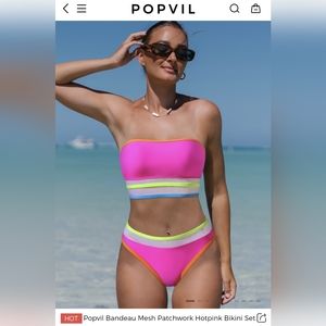 Bandeau Mesh Patchwork Hotpink Bikini Swimsuit Strapless